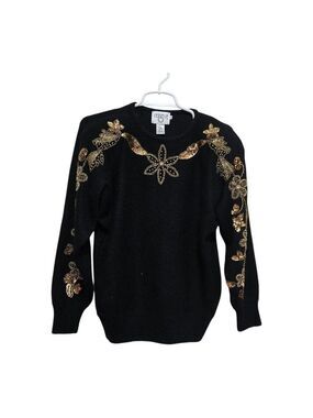 Cervelle Vintage Black Gold Beaded Angora Sweater Small